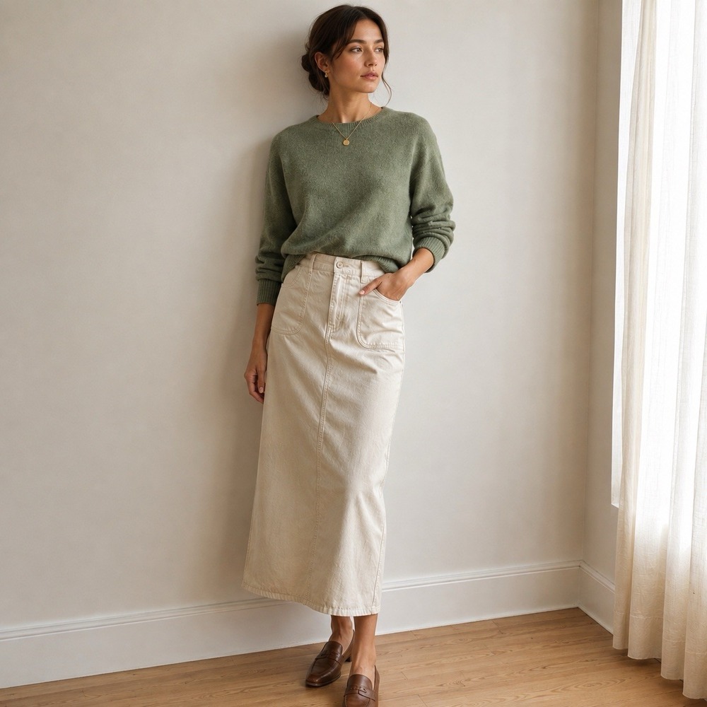 Midi Skirt A Line Utility Size S Beige Pocket Minimalist 90s Everyday Casual